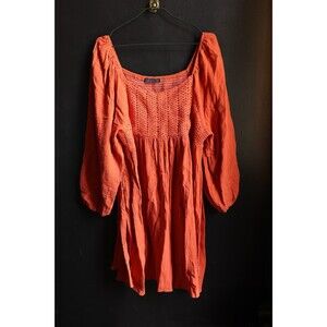 Women's Orange Fall Puff Sleeve Gauzy Midi Dress 2XL Boho Cottagecore